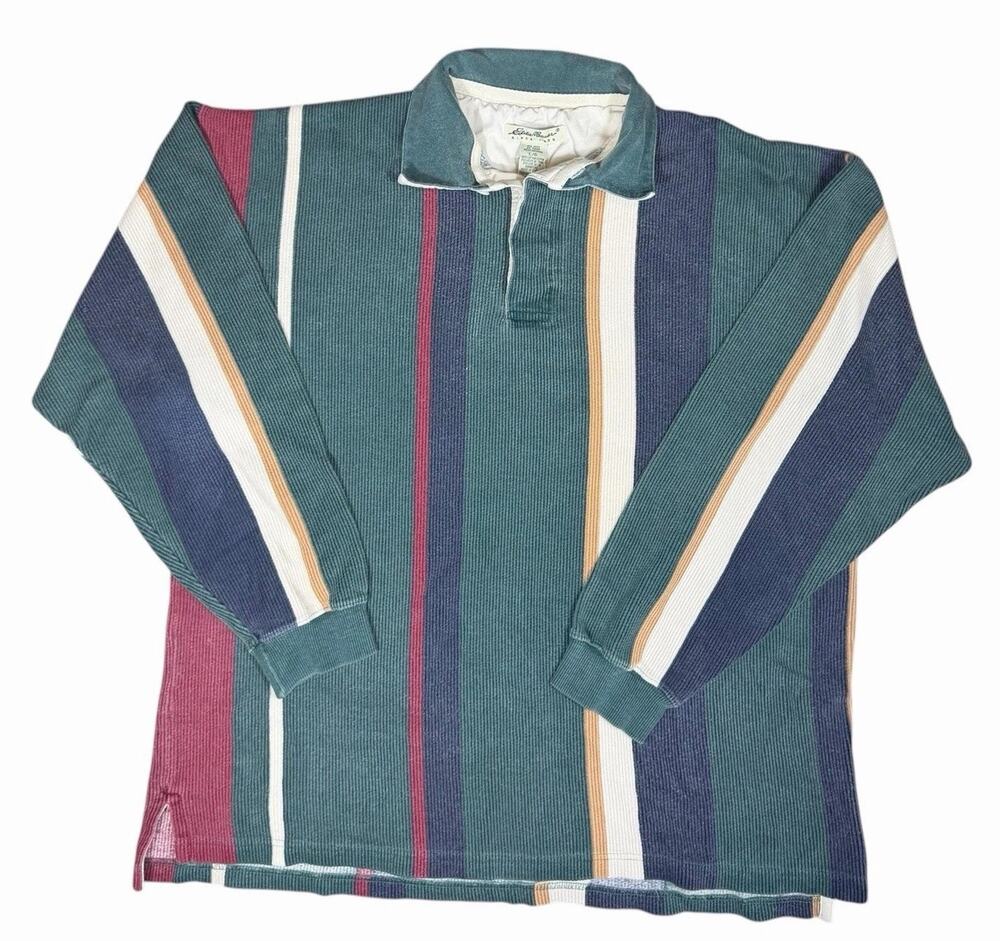 Vintage Eddie Bauer Rugby Shirt Mens L Green Blue Red Stripe Cotton Made Burma
